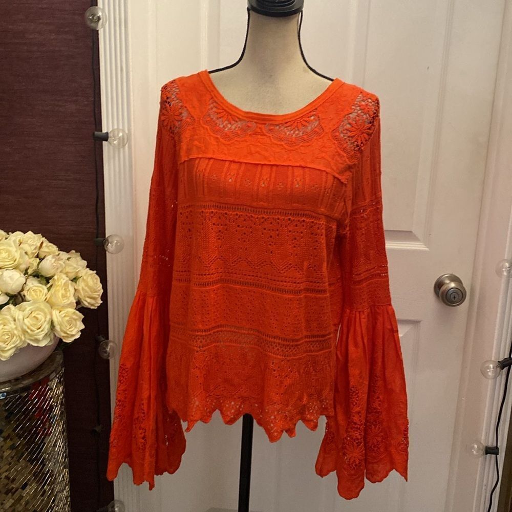 Free People Red Lace Bell Sleeve Top - Picture 5 of 15